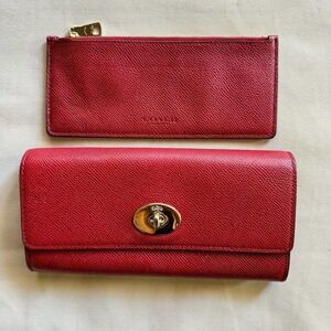 COACH Crossgrain Leather Pop Slim Envelope Wallet Red Removable Zip Pouch